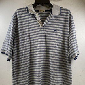 Burberry London Polo Shirt XL Men Cotton Blue Gray Striped Golf Logo Preppy USA